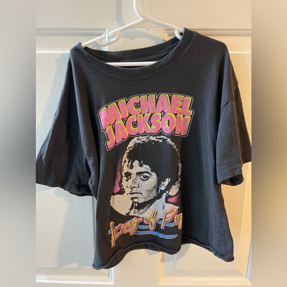 Mighty Fine Black Michael Jackson Crop Tee with Pink and Yellow Graphics